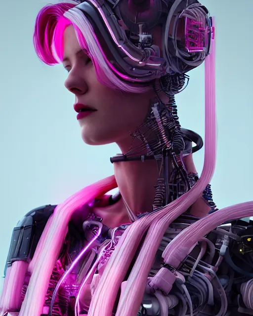 Image similar to portrait of a beautiful american woman with pink hair as a cyberpunk cyborg half robot, revealing wires and electronics, sci - fi, missing panels, intricate abstract upper body intricate artwork, concept art, octane render, deviantart, cinematic, key art, hyperrealism, iridescent accents, portrait photograph, nikon 3 5 mm, photograph by greg rutkowski