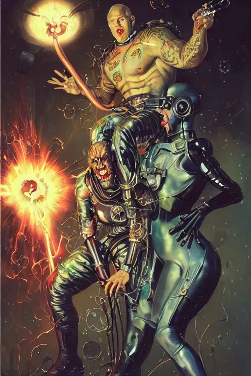 Prompt: full body portrait of martyn ford as lovecraftian demon being zapped by ray gun held by elegant lady wearing a latex spacesuit, by norman rockwell, jack kirby, jon berkey, earle bergey, craig mullins, ruan jia, jeremy mann, tom lovell, marvel, astounding stories, 5 0 s pulp illustration, scifi, fantasy, artstation creature concept