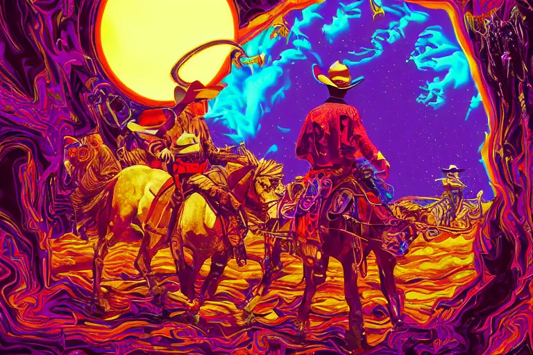 Prompt: an old western cowboy opening a portal to another dimension, psychedelic, vaporwave, synthwave, retro, digital art, acrylic, detailed,