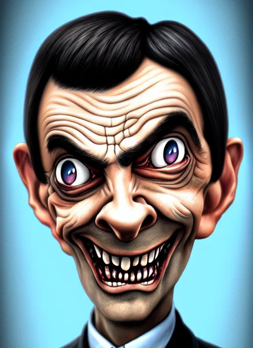 Image similar to highly detailed caricature portrait of damaged zombie mr bean by ross tran, by anato finnstark, brush strokes, 4 k resolution, light blue pastel background