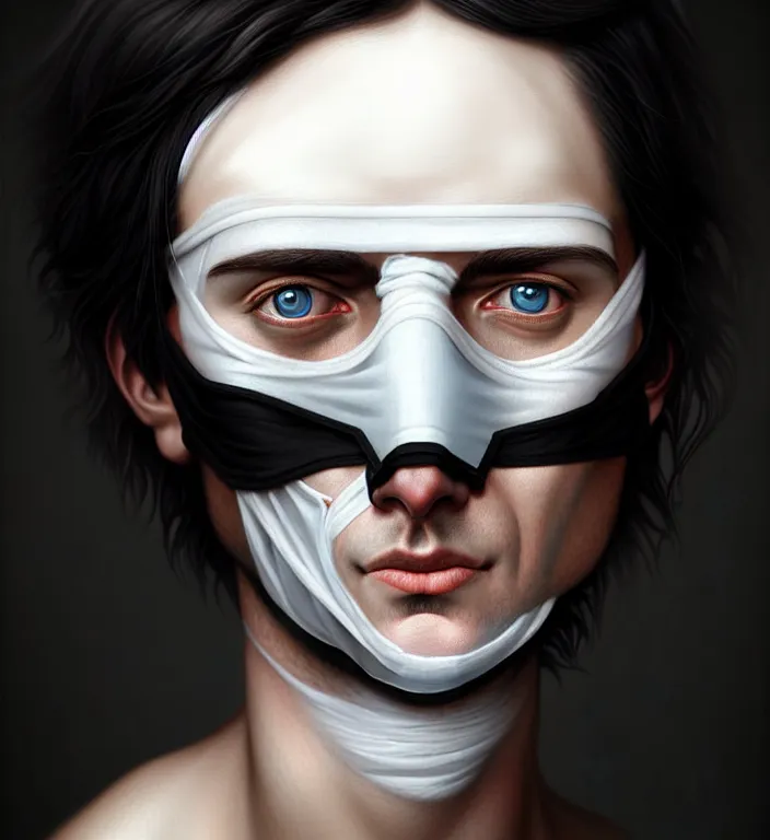 Image similar to white man with black fabric medical mask, short dark hair, highly detailed face!!!, true anatomy!, extremely detailed!, digital painting, unreal engine 5, art by tom bagshaw