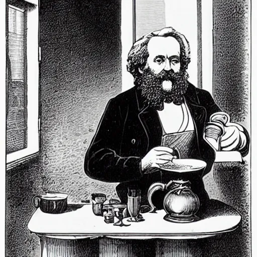 Prompt: karl marx making a cup of coffee. a bird sits on the window ledge screaming at him to hurry up