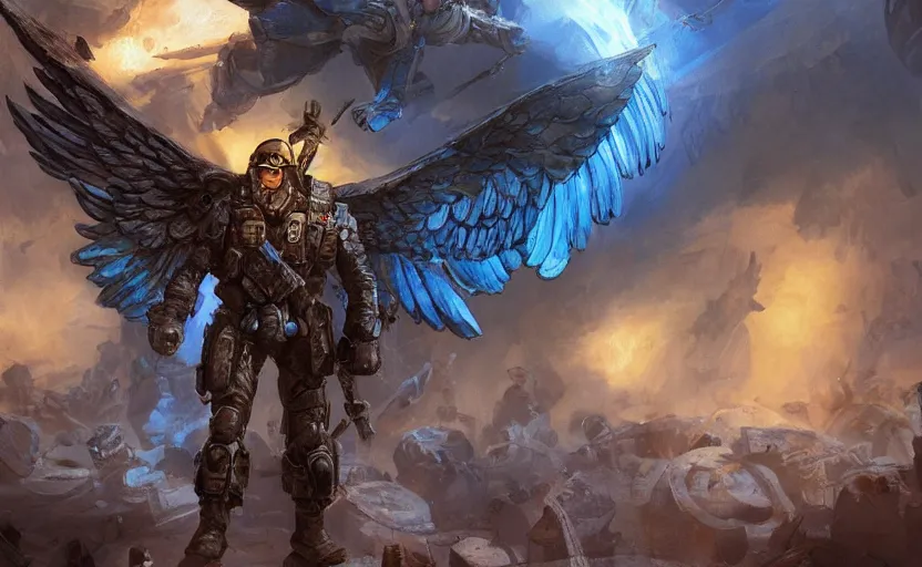 Image similar to A military super soldier with wings with a blue and yellow flag behind him is standing on a pile of skulls in triumph, concept art, сinematic lighting, insanely detailed, smooth, sharp focus, Artstation, 8k, unreal engine, hyper realistic, steampunk style, bright background, moonlight, volumetric lighting, wallpaper, digital illustration by Ruan Jia and Mandy Jurgens and Artgerm and Wayne Barlowe and Greg Rutkowski and Zdislav Beksinski