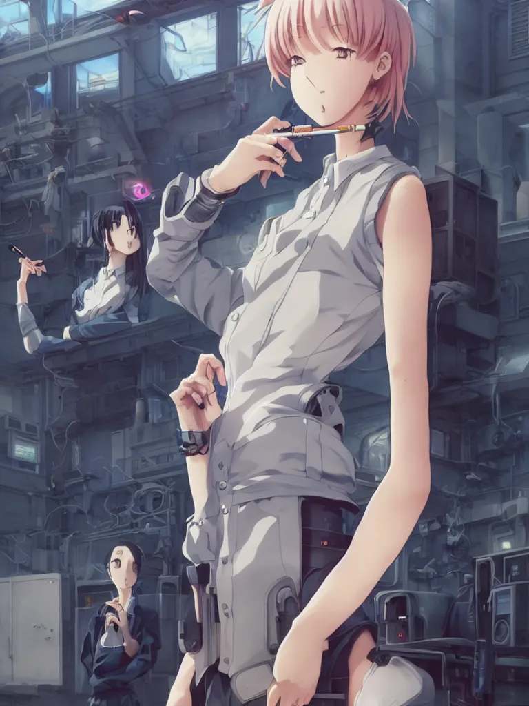 Image similar to Portrait of an anime woman smoking a cigarette, standing in front of a cyborg repair shop, intricate school uniform, whole body, feminine figure, smooth skin, gorgeous, pretty face, beautiful fashion model body, high detail, hyper realistic, while a lone futuristic military cargo ship flies overhead, by Greg Rutkowski and Krenz Cushart and Pan_Ren_Wei and Hongkun_st and Bo Chen and Enze Fu and WLOP and Madhouse Inc., anime style, crepuscular rays, set in rainy futuristic cyberpunk Tokyo street, dapped light, dark fantasy, cgsociety, trending on artstation