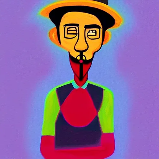 Image similar to a painting of a person with a hat and a pipe, digital art by Gabriel Ba, featured on instagram, psychedelic art, art on instagram, cosmic horror, psychedelic