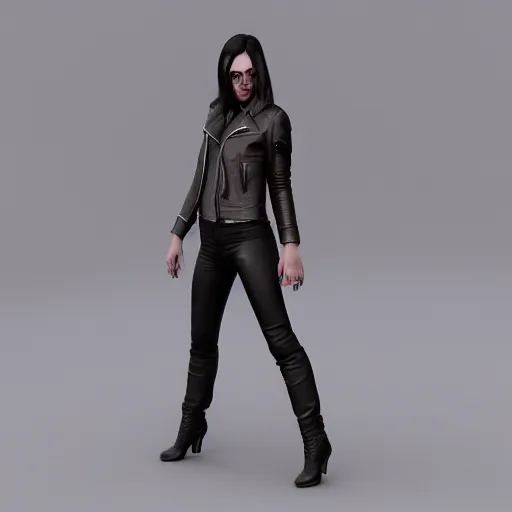 Prompt: a woman in a leather jacket posing for a picture, concept art by senior character artist, cgsociety, shock art, androgynous, daz3d, full body