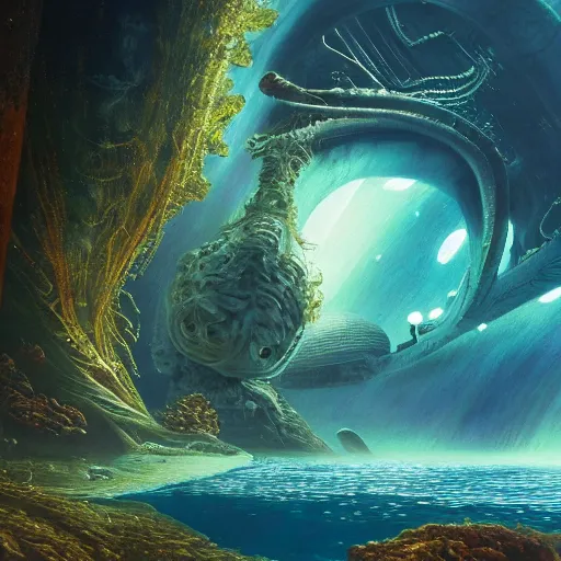 Image similar to a stunning painting of alien underwater landscape of lush flora, remnants of old spaceship, sea creatures emerging, morning, by Giger and Ralph McQuarrie and Bruce Pennington, cinematic lighting, hyper realism, high detail, octane render, 8k, iridescent accents