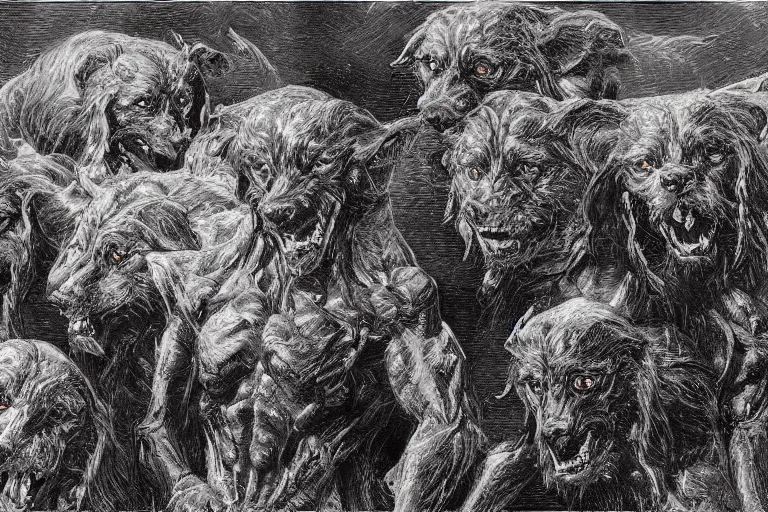 Image similar to cerberus hyperdetailed photo of a cerberus by ed binkley, ilya repin, alex horley, johfra bosschart, craig mullins, three head one body, cerberus, details