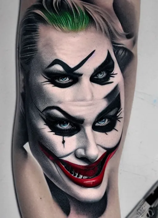 Image similar to tattoo design of margot robbie with joker makeup, ace card, in the style of tony santos, realistic face, black and white, realism tattoo, hyper realistic, highly detailed