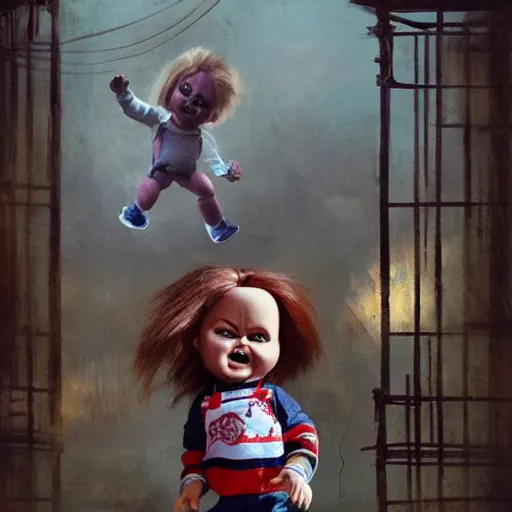 Image similar to the doll chucky in the middle of a cage fighting with doll annabelle, epic mma fight, dramatic poses, dolls are in motion, disneyland as backdrop, oil painting, by greg rutkowski