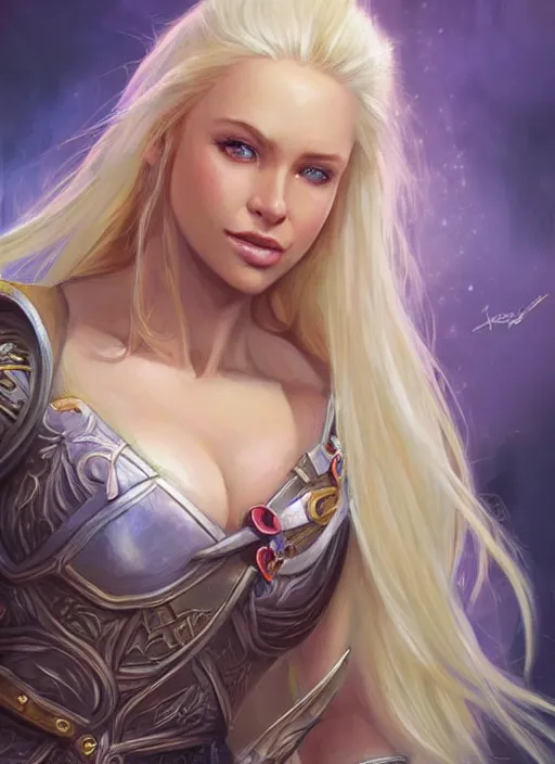 Image similar to blonde female, ultra detailed fantasy, dndbeyond, bright, colourful, realistic, dnd character portrait, full body, pathfinder, pinterest, art by ralph horsley, dnd, rpg, lotr game design fanart by concept art, behance hd, artstation, deviantart, hdr render in unreal engine 5