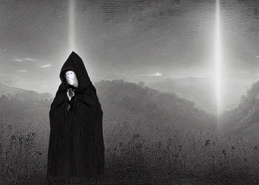 Image similar to a hooded figure in a black robe standing in a flower meadow while bright light beam is emmited from the sky onto him, flower meadow landsape in dark pits of a canyon, illustration by Gustave Dore, 18th century drawing , black and white, highly detailed, 4k, concept art, artstation