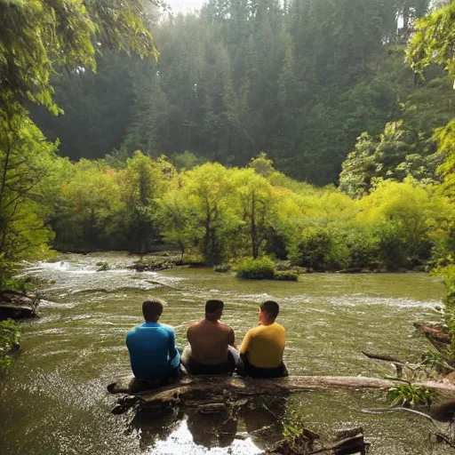 Prompt: two men sitting on a small damn on a river with a forest in the background