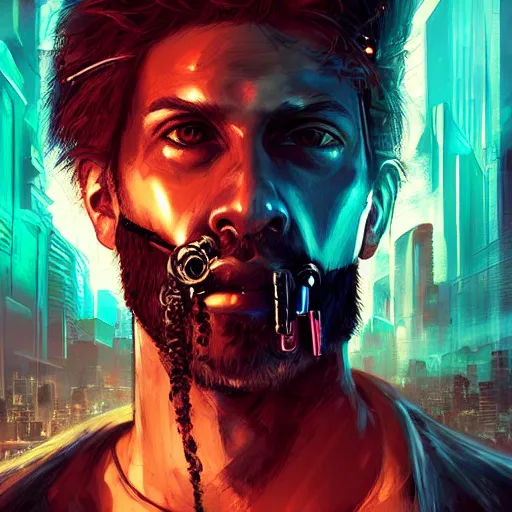 Prompt: cyberpunk, closeup portrait of a shaggy cyberpunk hacker, cigarette in mouth, dramatic light, city background, sunset, dystopian setting, high contrast, sharp, neuromancer, painted by stanley lau, painted by greg rutkowski, painted by stanley artgerm, digital art, trending on artstation