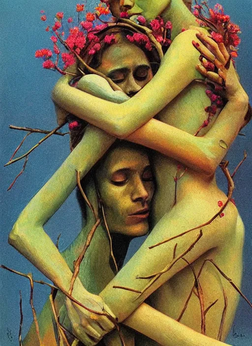 Image similar to women made of twigs and colorful flowers hugging Edward Hopper and James Gilleard, Zdzislaw Beksinski, highly detailed