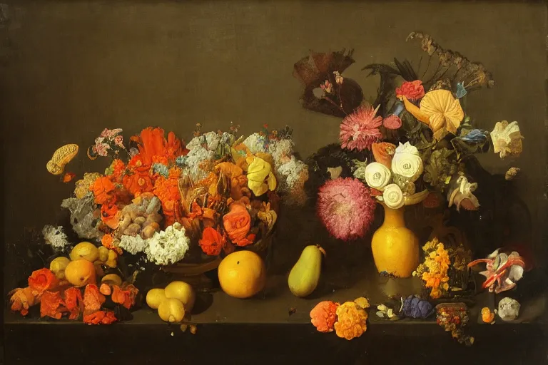 Image similar to underwater still life with flowers and fruit in the style of the dutch masters, dark and moody