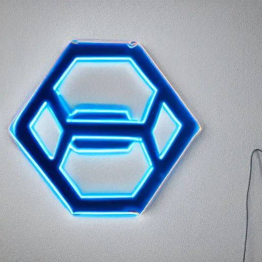 Image similar to a blue neon light hexagon with an door in the middle