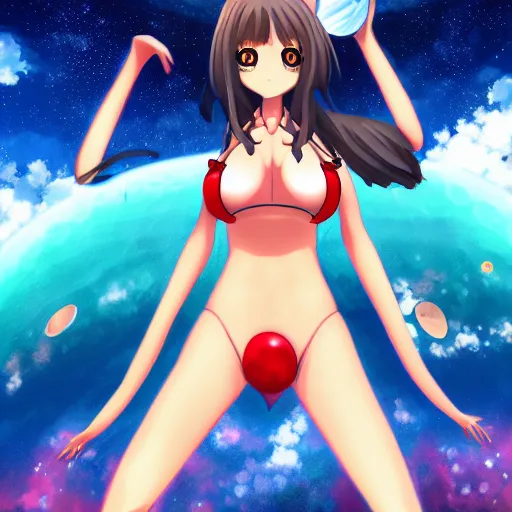 Image similar to An anime girl in bikini holding and terraforming a planet on her hands, unfocused background milkyway galaxy stars universe, wide-shot, high detail, 4k, digital art, artstation, 8k, very detailed