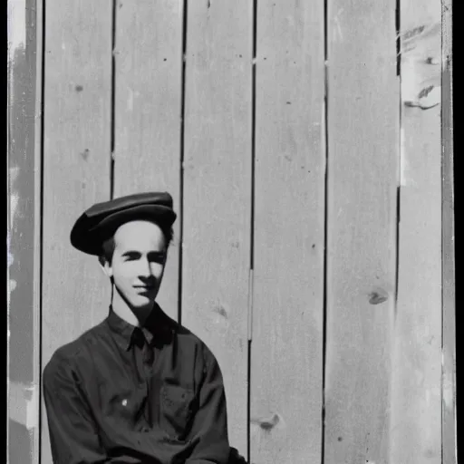 Image similar to photograph of a young man with a backward hat sitting on outdoor wooden bleachers next to a radio