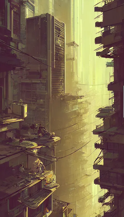 Prompt: hyper - realistic portrait of cyberpunk tokyo balcony in style of atey ghailan, by greg rutkowski, by greg tocchini, by james gilleard, by joe fenton, by kaethe butcher, dynamic lighting, gradient light yellow, brown, blonde cream and white color scheme, grunge aesthetic