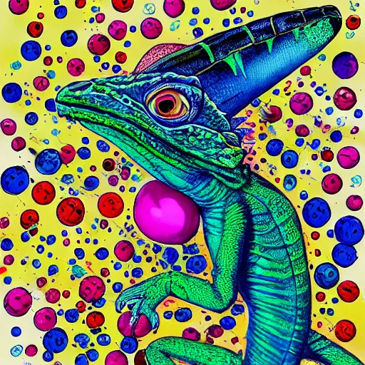 Prompt: Hillary Clinton lizard looking at brightly colored balloons, Ralph steadman, psychedelic, surreal, ink splatter, detailed, 4k