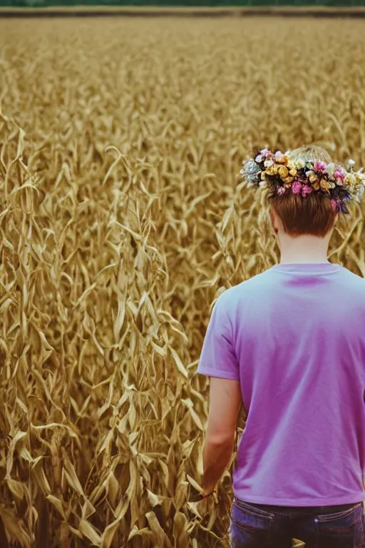 Image similar to agfa vista 4 0 0 photograph of a skinny blonde guy standing in a cornfield, flower crown, back view, grain, moody lighting, telephoto, 9 0 s vibe, blurry background, vaporwave colors!, faded!,