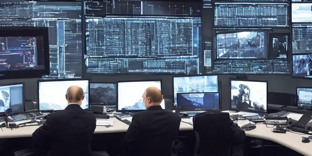 Image similar to vladimir putin hacking into the mainframe, multiple screens and monitors, dark atmosphere, creepy, very detailed, realistic photography