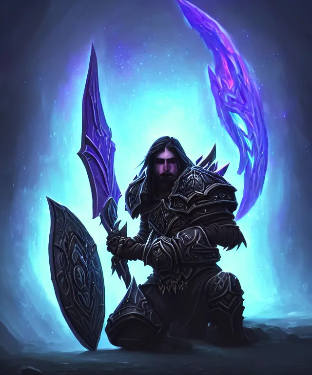 Prompt: dark world of warcraft blizzard art, portrait of fallen man angel kneeling with a shield, bokeh. dark art masterpiece artstation. 8k, sharp high quality illustration in style of Jose Daniel Cabrera Pena and Leonid Kozienko, violet colored theme, concept art by Tooth Wu