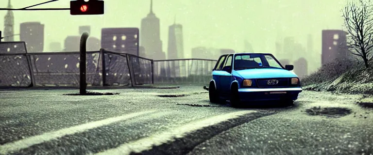 Image similar to RS Blue Audi RS 2 Avant (1995), black car, a gritty neo-noir, dramatic lighting, cinematic, establishing shot, extremely high detail, photorealistic, cinematic lighting, artstation, by simon stalenhag, Max Payne (PC) (2001) winter new york