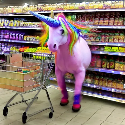 Image similar to a unicorn rampaging through a supermarket