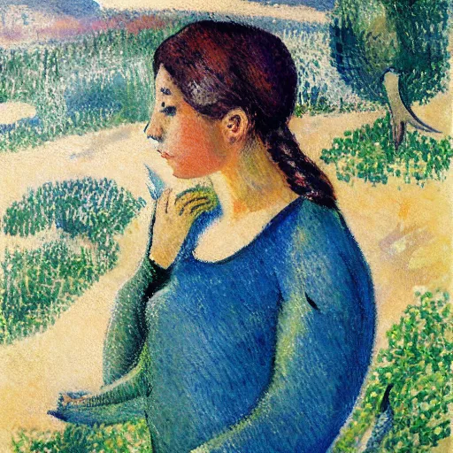 Image similar to young woman dreaming of bubbles and fish, concept art, gouache, camille pissarro