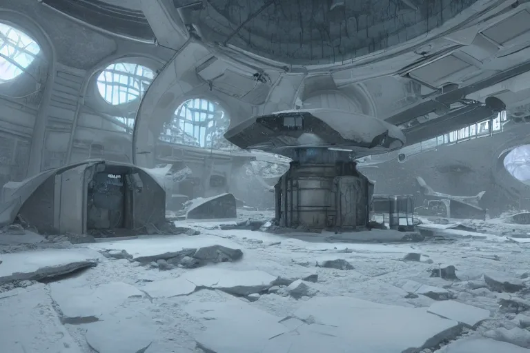 Image similar to A beautiful hyper realistic detailed matte painting of the inside of an ice-cold abandoned alien science station, dynamic lighting, cinematic lighting, unreal engine, featured on artstation