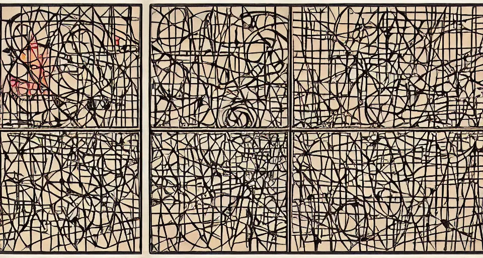 Prompt: The turbulent caustic musical octagons by André Masson and Piet Mondrian in Manga style, uisng 105mm lens