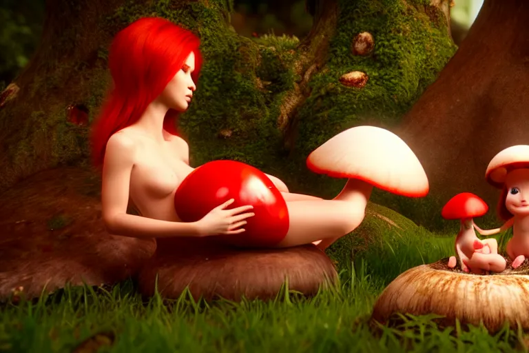 Image similar to a beautiful red haired mushroom goddess giving birth to a mushroom baby, wlop, unreal engine, octane, 8 k,