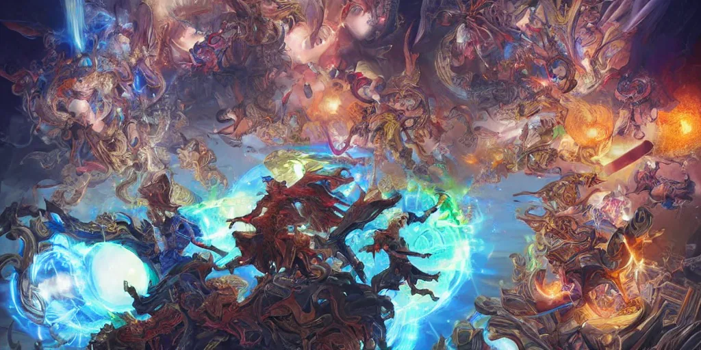 Image similar to A colorful poster of scene that Technocracy agent and Order of Hemeres mage fight with each other, World of Darkness, Mage the ascension, intricate, elegant, highly detailed. trending on artstation, digital art, by Stanley Artgerm Lau, WLOP, Rossdraws, James Jean, Andrei Riabovitchev, Marc Simonetti, Yoshitaka Amano. background by James Jean and Gustav Klimt, light by Julie Bell, 4k, porcelain skin. BY ZDIZISLAW BEKSINSKI Cinematic concept art