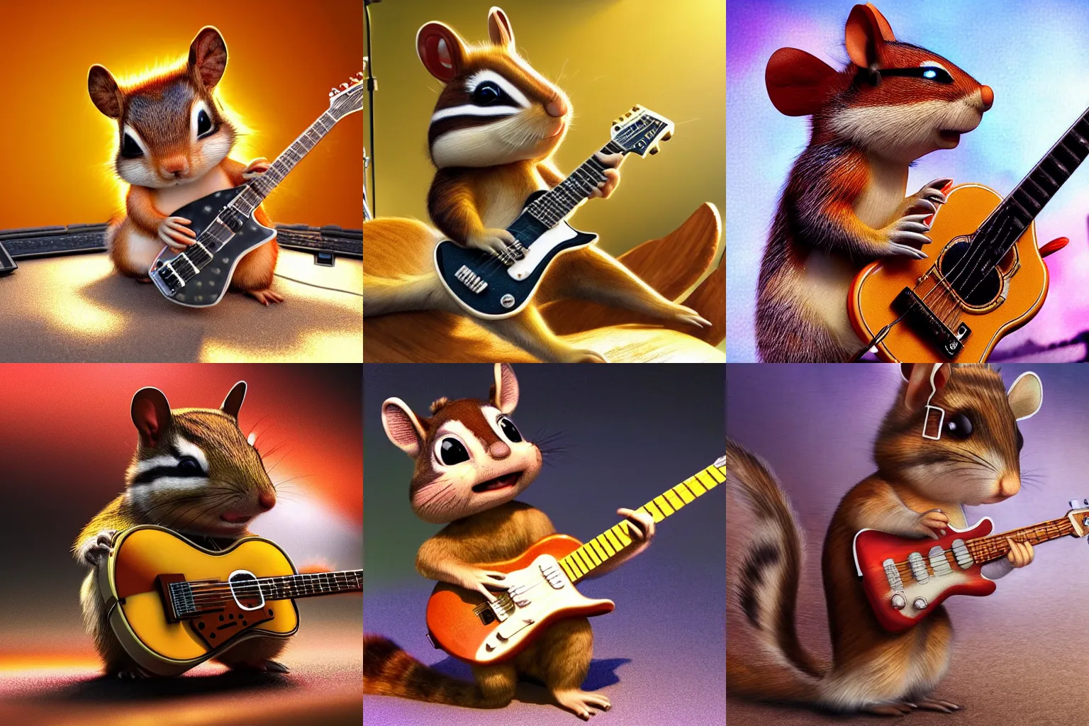 Prompt: a high quality photo of a chipmunk playing electric guitar, on stage in a rock concert, render, ultra realistic, cgsociety
