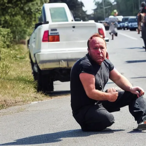 Prompt: close up of alex jones begging for money on the side of the road, award winning press photo