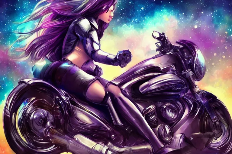 Image similar to a very very very beautiful woman riding a motorcycle, Galaxy background, drawn by artgerm