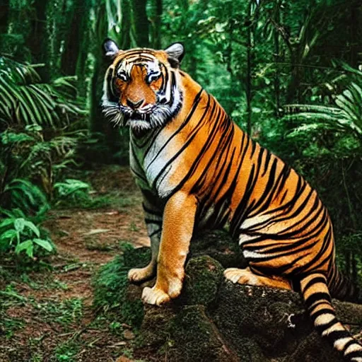 Image similar to photo of tiger wearing a bandana and holding a sword in jungle