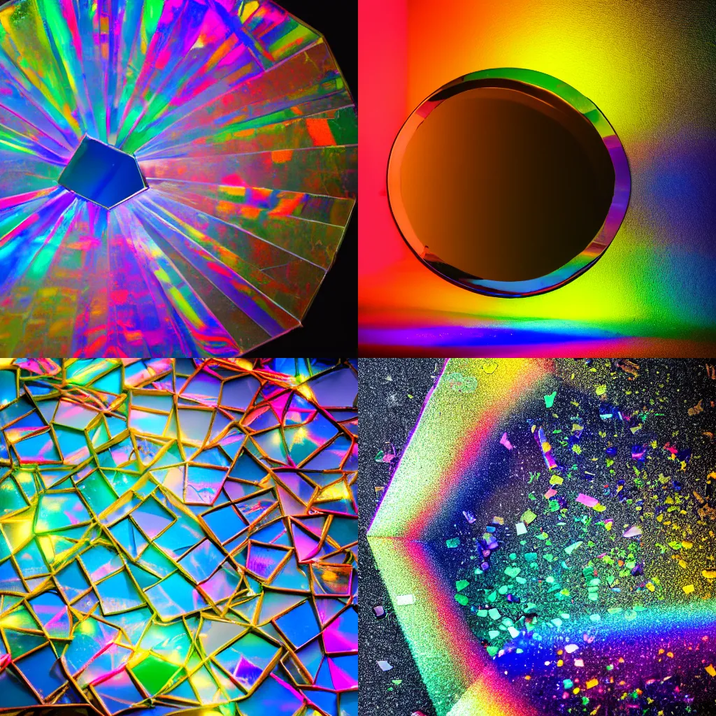 Image similar to A still shot of rainbow light, scattered amongst the prismatic shards of a broken mirror, studio lighting, 4k photo