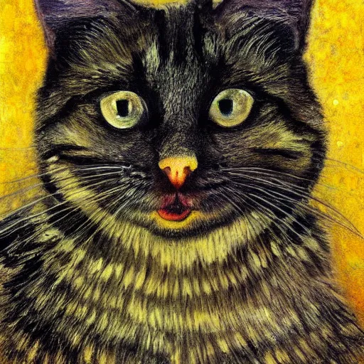 Image similar to portrait of a very fluffy dark tabby cat with green eyes, happy cat, canned food, moonlight, full body, smiling cat, golden colors, flowers, intricate, elegant, highly detailed, smooth, sharp focus, illustration, art by gustav klimt