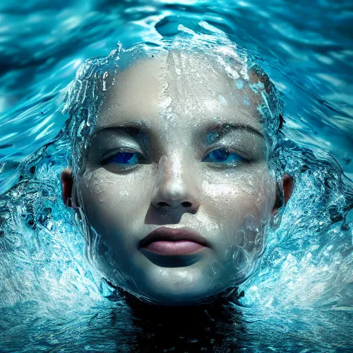 Image similar to water artwork manipulation in the shape of a human head, on the ocean water, ray tracing, realistic water sharp focus, long shot, 8 k resolution, cinematic, amazing water art, hyper - realistic