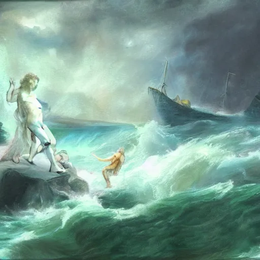 Prompt: poseidon amongst the tempest, romanticism, oil painting, pastel colours