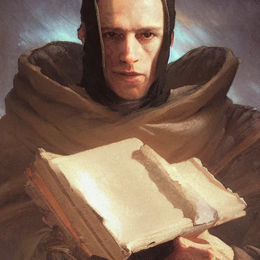 Prompt: half portait of jedi wearing a closed cowl and big old book! chained to the wrist, jeremy mann, jean - leon gerome, tiepolo, alphonse mucha, greg rutkowski, face in the shadows, ( ( ruins of ancient rome ) ), at dusk, mysterious atmosphere, sunrays, dof, high detailed, 8 k