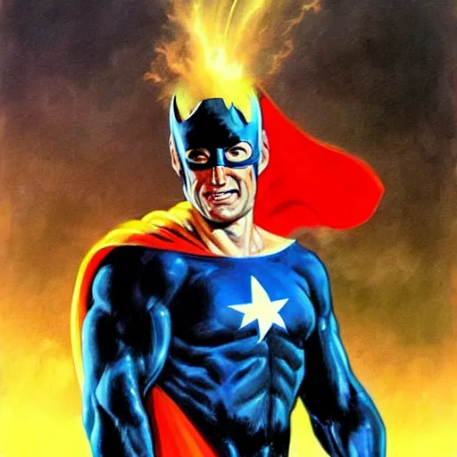 Prompt: macron as a superhero, by boris vallejo