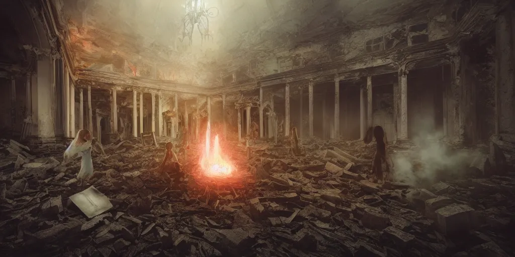 Image similar to beautiful female witches exploring scorched ruins of the white house in washington dc, portrait, 3 d render, hyper realistic, ultra detailed, ruan jia, peter morbacher, wlop, scifi, fantasy, magic the gathering, cinematic, symmetrical, octane render, concept art, 8 k