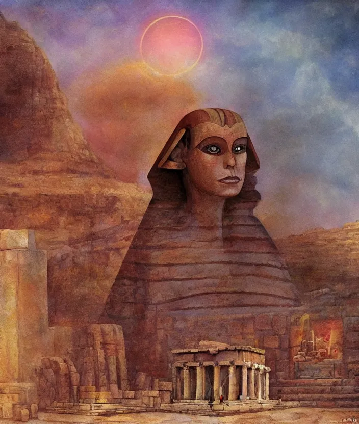 Prompt: a mysterious sphinx guarding a greek temple, fantasy artwork, warm colors, by seb mckinnon