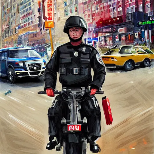 Prompt: fully armed policeman with chinese badge in 2 0 5 0 ， riding in new york ， fantastic ， digital painting