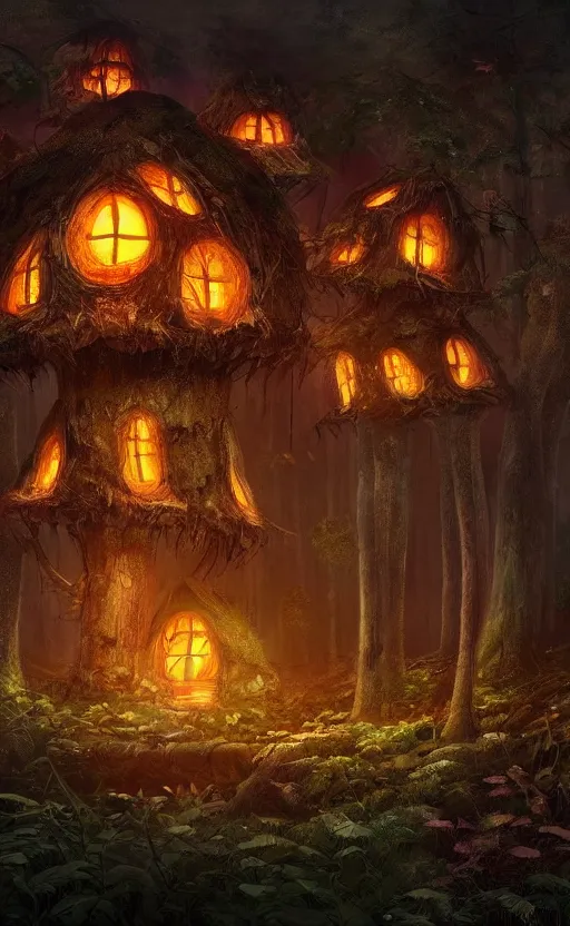 Image similar to a mushroom house in the middle of a forest at night, the lights are on, dynamic lighting, photorealistic fantasy concept art, trending on art station, stunning visuals, creative, cinematic, ultra detailed