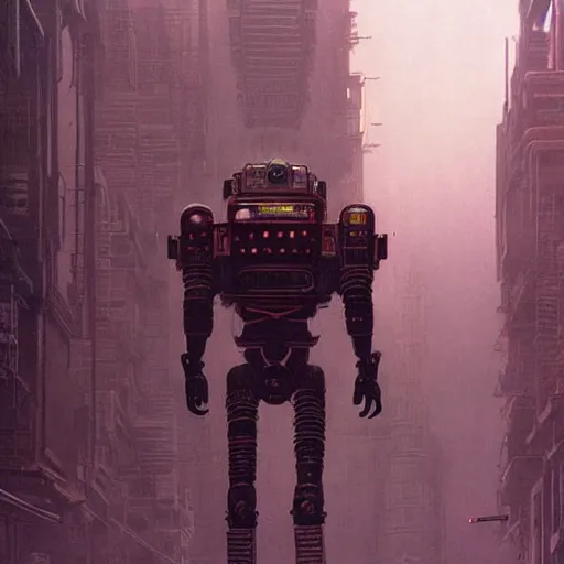 Image similar to mayan cyberpunk robot striding through streets of city, perfectly clear face, shadow of the colossus screenshot by j. c. leyendecker, simon stalenhag, studio ghibli, and beksinski